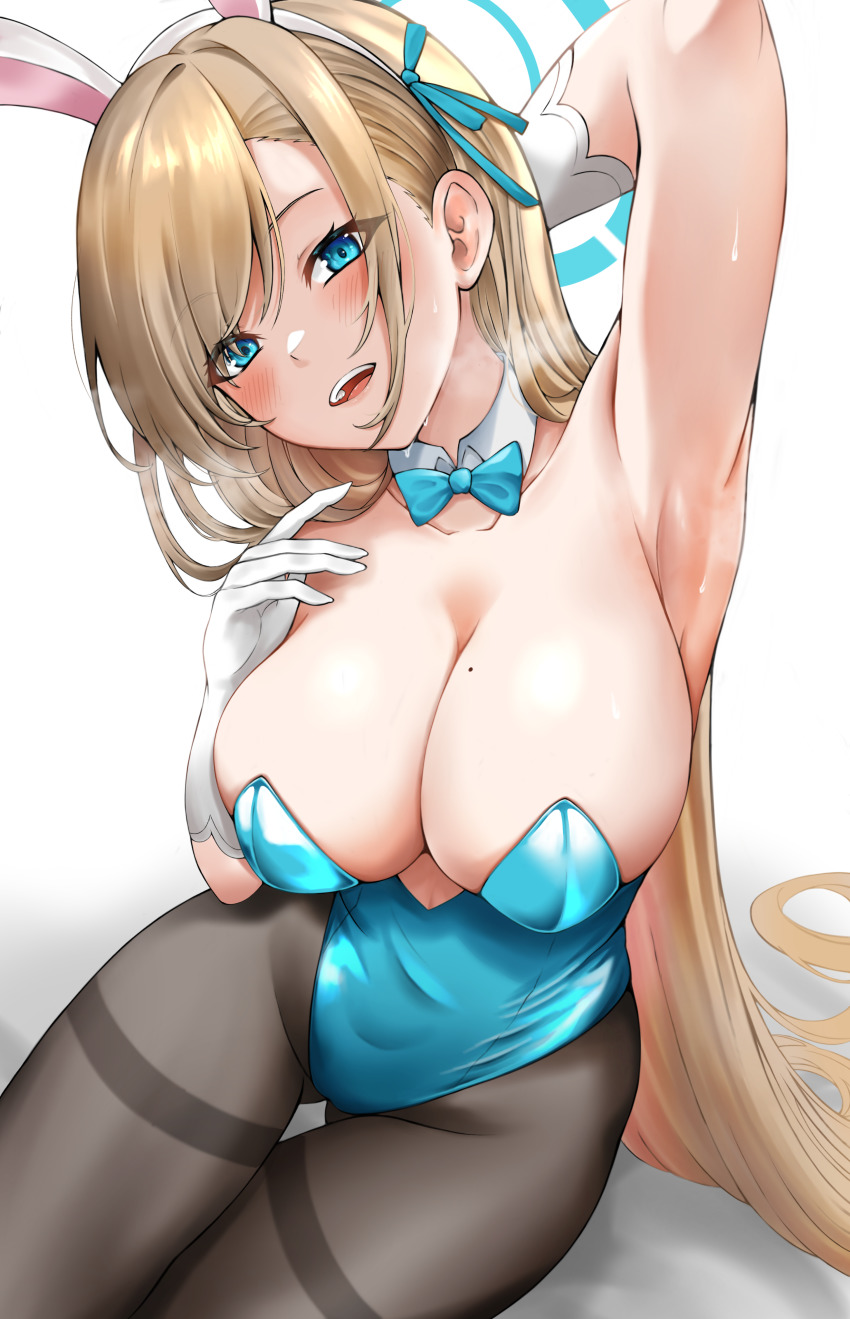 1girl, absurdres, animal_ears, arm_up, armpits, asuna_(blue_archive), asuna_(bunny)_(blue_archive), blonde_hair