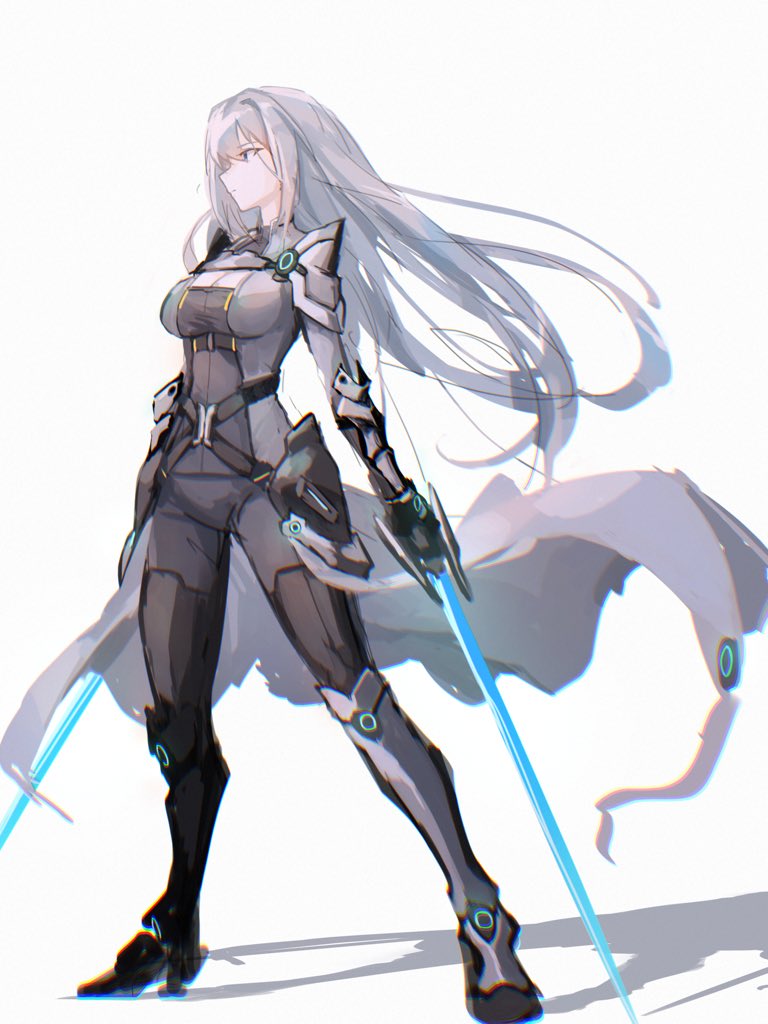 1girl, armor, blue_eyes, breast_tattoo, breasts, cleavage, cleavage_cutout, clothing_cutout, dual_wielding, ethel_(xenoblade), full_body, holding, large_breasts, long_hair, mutomorokoshi, shoulder_armor, simple_background, solo, sword, tattoo, very_long_hair, weapon, white_background, xenoblade_chronicles_(series), xenoblade_chronicles_3
