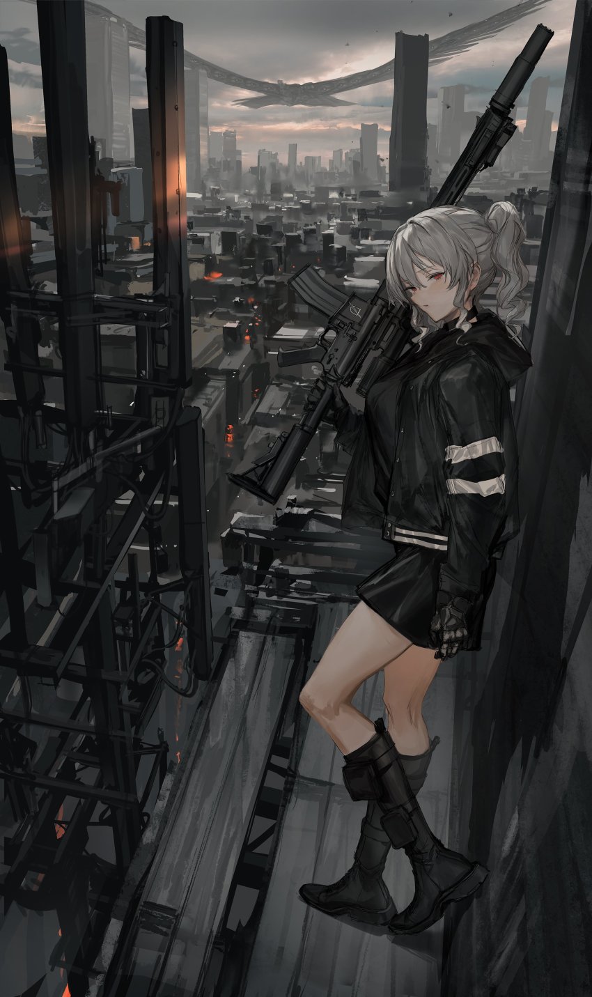 1girl, absurdres, apocalypse, arm_at_side, black_boots, black_gloves, black_hoodie, black_skirt, blush, boots, building, cityscape, closed_mouth, cloud, cloudy_sky, curly_hair, dappled_sunlight, extra_eyes, flying, full_body, giant, giant_monster, gloves, gun, hair_between_eyes, highres, holding, holding_gun, holding_weapon, hood, hood_down, hoodie, ichijou_riana, knee_boots, lavender_quartz, light_brown_hair, lm7_(op-center), long_sleeves, looking_at_viewer, miniskirt, monster, on_shoulder, original, ponytail, red_eyes, rooftop, scaffolding, skirt, sky, solo, standing, sunlight, suppressor, weapon