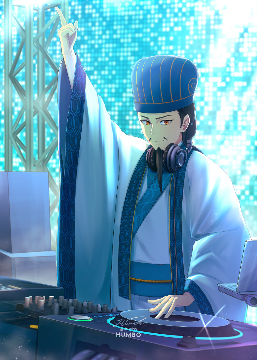 1boy, absurdres, artist_name, beard, black_hair, blurry, blurry_background, chinese_clothes, ciki_ciki_bam_bam, dj, facial_hair, hand_up, hat, highres, indoors, j_humbo, male_focus, mustache, orange_eyes, paripi_koumei, phonograph, solo, standing, turntable, zhuge_kongming_(paripi_koumei)