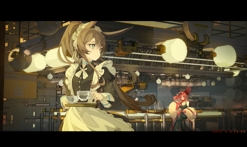 3girls, absurdres, alternate_costume, amiya_(arknights), animal_ears, apron, arknights, bar_(place)