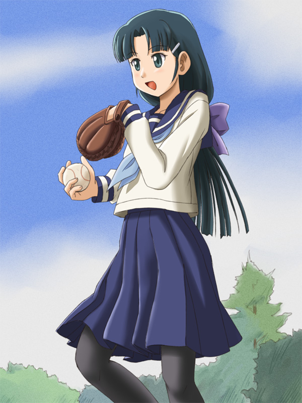 1girl, baseball, baseball_glove, bow, female_focus, green_eyes, green_hair, lielos