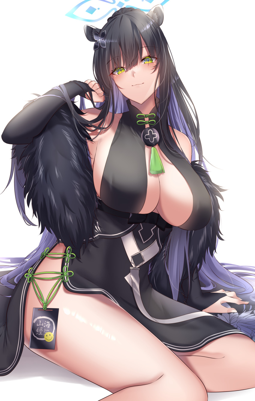 1girl, arm_support, bare_shoulders, black_dress, black_hair, blue_archive, blush, breasts