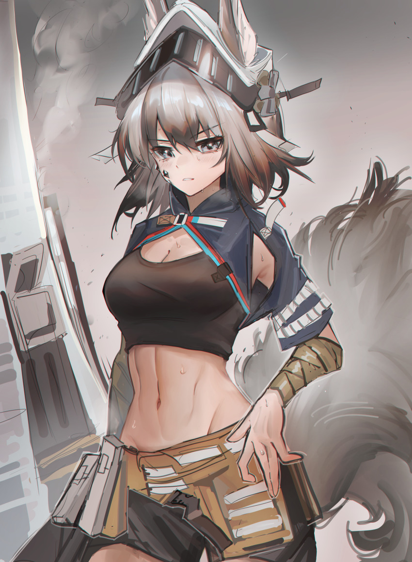 1girl, absurdres, animal_ears, arknights, ashlock_(arknights), ashlock_(elite_ii)_(arknights), black_tank_top, breasts, brown_eyes, brown_hair, cleavage, crop_top, highres, holding, holding_shield, kaguura_(kagu), looking_at_viewer, material_growth, medium_breasts, midriff, navel, oripathy_lesion_(arknights), shield, short_hair, solo, squirrel_ears, squirrel_girl, squirrel_tail, tail, tank_top, visor_(armor)