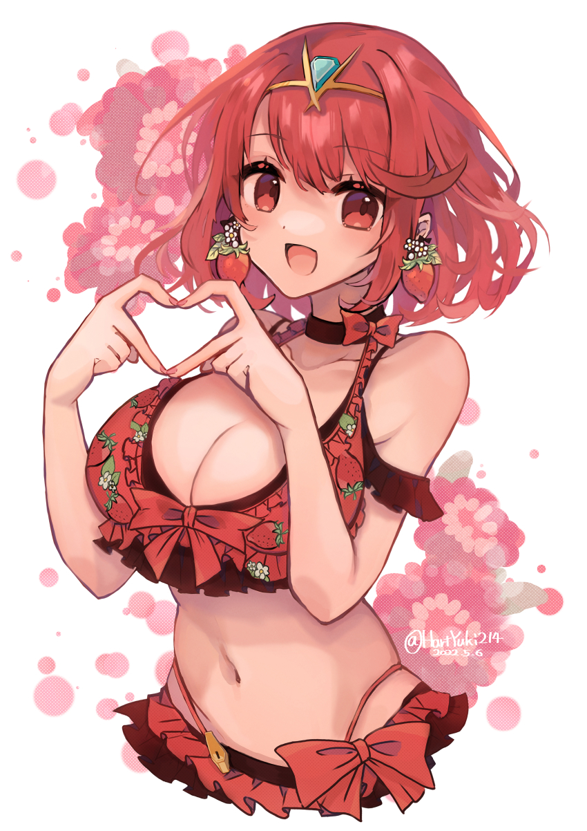 1girl, :d, absurdres, bare_shoulders, bikini, black_choker, blush, bow, breasts, choker, cleavage, collarbone, cropped_torso, earrings, floral_background, food, food-themed_earrings, food_print, frilled_bikini, frills, fruit, fruit_print, haruto_yuki, heart, heart_hands, highres, jewelry, large_breasts, open_mouth, print_bikini, pyra_(xenoblade), red_bikini, red_bow, red_eyes, red_hair, short_hair, smile, solo, strawberry, strawberry_print, swimsuit, tiara, white_background, xenoblade_chronicles_(series), xenoblade_chronicles_2