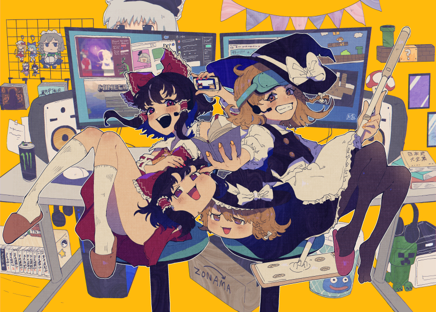 ?, absurdres, amazon_(company), apron, black_dress, blonde_hair, book, bow, braid, brown_hair, buttons, cd_case, cellphone, charm_(object), cirno, collar, computer, computer_mouse, cpu, creeper, detached_sleeves, dragon_quest, dress, explosive, facebook, flandre_scarlet, frilled_dress, frills, fumo_(doll), grid_rack, hair_bow, hair_tubes, hakama, hakama_short_skirt, hakama_skirt, hakurei_reimu, hat, hat_bow, head-mounted_display, headphones, highres, holding, holding_book, imperishable_night, izayoi_sakuya, japanese_clothes, kirisame_marisa, long_hair, mario_(series), microphone, minecraft, mochitose_aguri, monster_energy, mop, mousepad_(object), mushroom, nail_polish, nintendo, nontraditional_miko, pantyhose, paper, patchouli_knowledge, perfect_cherry_blossom, phone, picture_frame, puffy_sleeves, red_bow, red_eyes, red_nails, red_shirt, red_skirt, ribbon-trimmed_sleeves, ribbon_trim, shameimaru_aya, shirt, short_hair, short_sleeves, side_braid, sidelocks, single_braid, sitting, skirt, skirt_set, sleeveless, slime_(dragon_quest), slippers, smartphone, smile, socks, speaker, sticker, stool, super_mario_bros._1, tnt, tnt_block_(minecraft), touhou, twitter, twitter_logo, waist_apron, warp_pipe, white_bow, white_collar, white_socks, witch_hat, yellow_eyes, yellow_nails, yukkuri_shiteitte_ne
