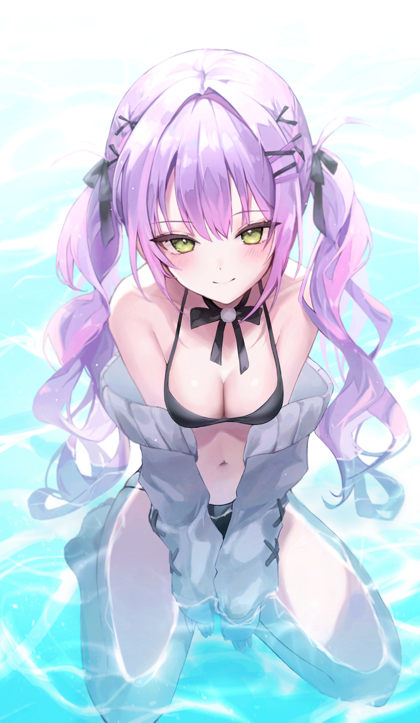 1girl, bare_shoulders, bikini, black_bikini, blush, breasts, caustics, cleavage