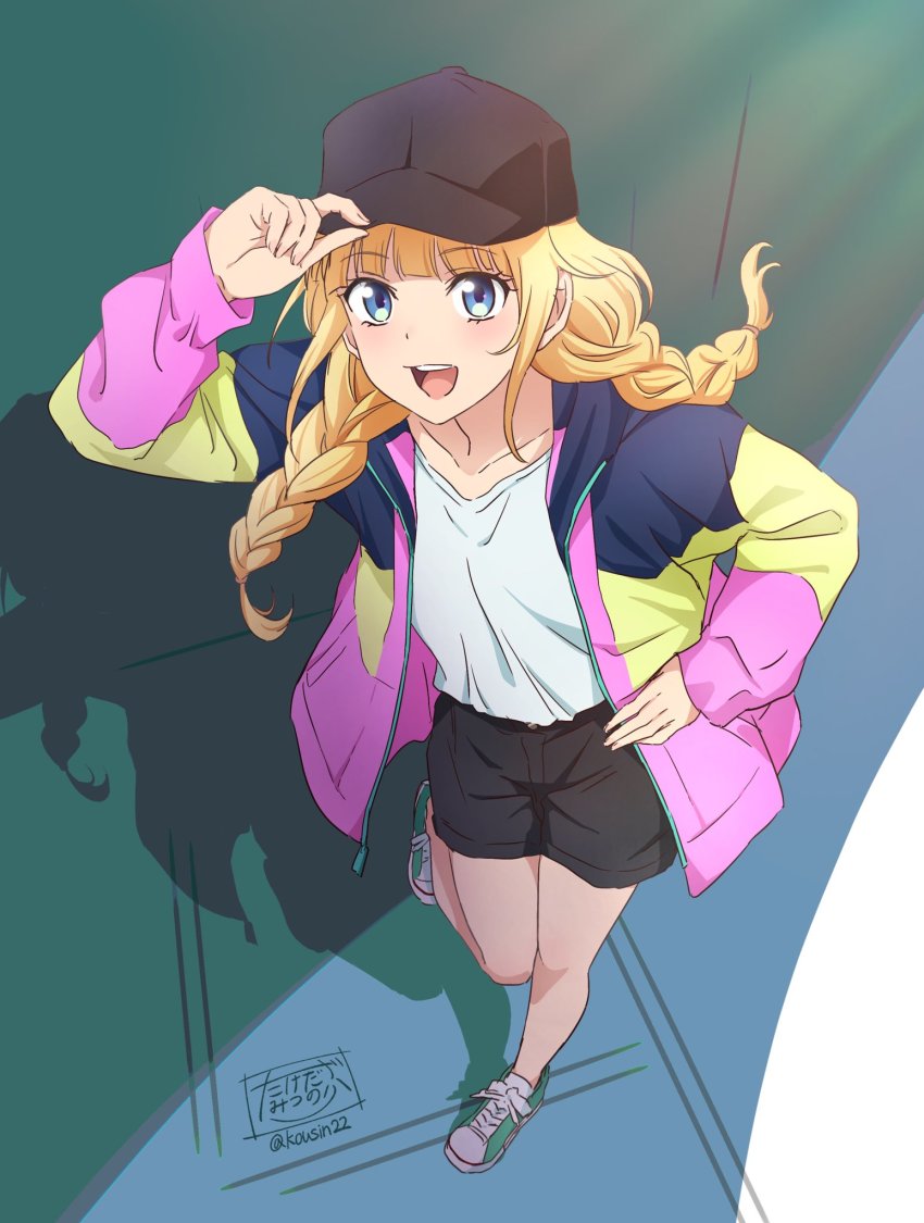 1girl, baseball_cap, black_hat, black_shorts, blonde_hair, blue_eyes, blunt_bangs, braid