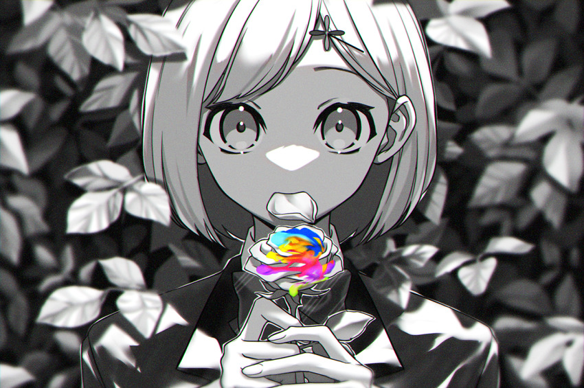 1girl, blurry, bob_cut, bow, bowtie, dappled_sunlight, depth_of_field, fingernails, flower, habataki_academy_school_uniform, hair_ornament, hairclip, hands_up, holding, holding_flower, jacket, leaf, looking_at_viewer, matumanda, monochrome, mouth_hold, own_hands_together, paint, petals, portrait, protagonist_(tokimemo_gs4), school_uniform, short_hair, solo, spot_color, straight-on, sunlight, swept_bangs, tokimeki_memorial, tokimeki_memorial_girl's_side, tokimeki_memorial_girl's_side_4th_heart