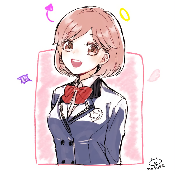 1girl, :d, angel_and_devil, angel_wings, asymmetrical_wings, blazer, blue_jacket, bob_cut