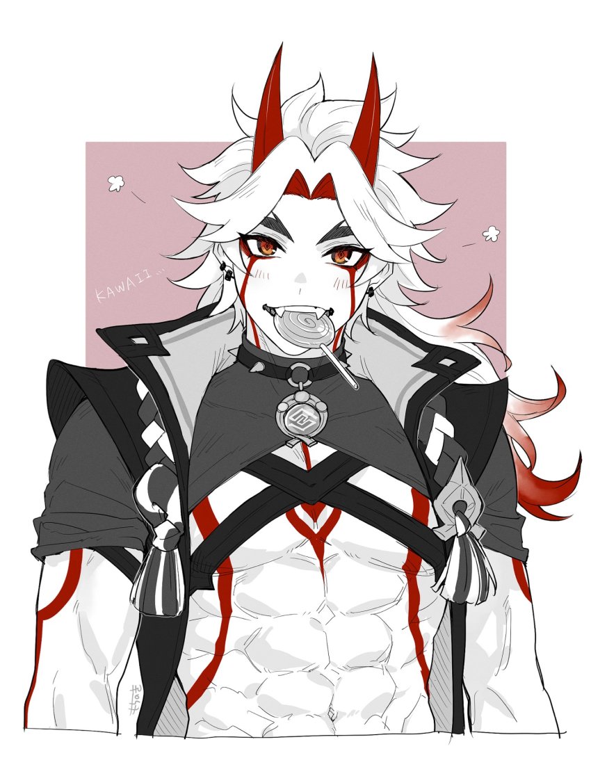 1boy, arataki_itto, bodypaint, candy, choker, crop_top, earrings, fangs