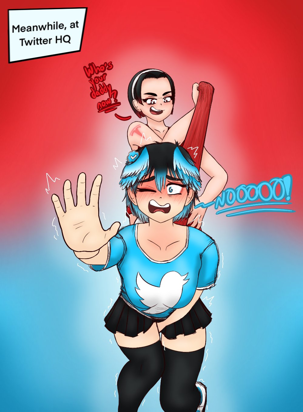 arm_tattoo, blush, breasts, bullying, colored_bangs, hair_dye, hair_ornament, head_wings, headband, highres, large_breasts, miniskirt, panties, personification, radicool332, self-upload, short_hair, short_sleeves, skirt, tattoo, tesla, thighhighs, twitter, underwear, wedgie, wings