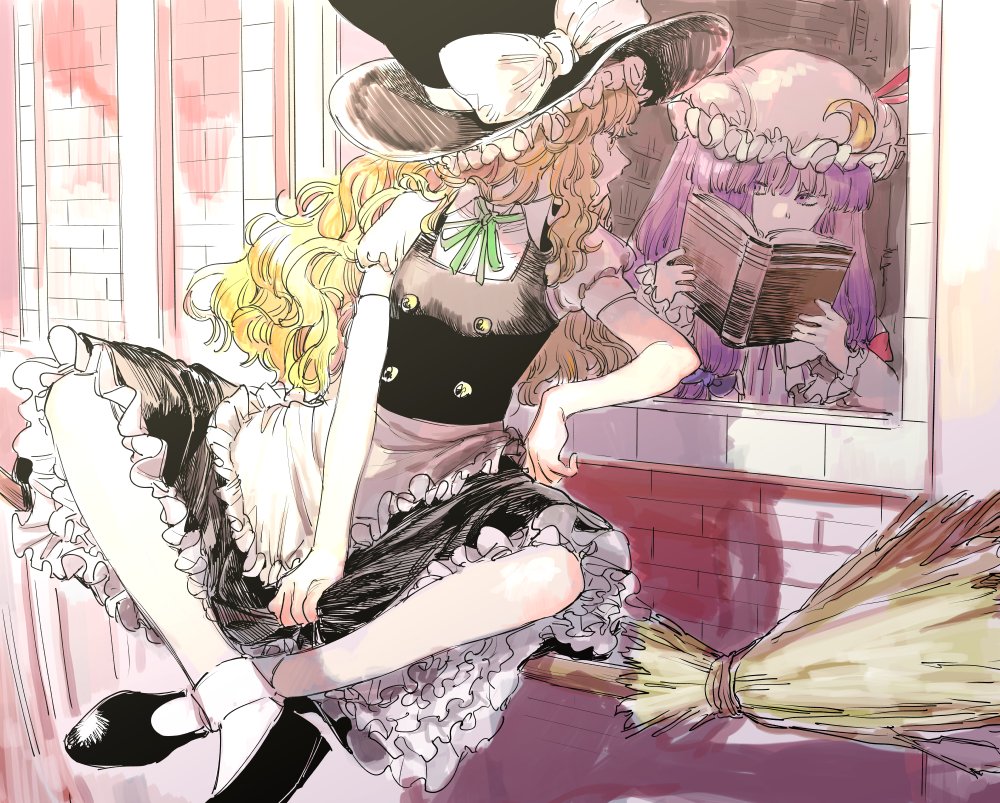 2girls, apron, arm_support, black_footwear, black_headwear, black_skirt, black_vest, blonde_hair, blunt_bangs, book, bow, broom, broom_riding, building, collared_shirt, commentary, crescent, crescent_hat_ornament, dress, engraulis, frilled_skirt, frills, green_ribbon, hat, hat_bow, hat_ornament, hat_ribbon, holding, holding_book, kirisame_marisa, long_hair, long_sleeves, looking_at_another, mob_cap, multiple_girls, neck_ribbon, open_book, patchouli_knowledge, puffy_short_sleeves, puffy_sleeves, purple_dress, purple_eyes, purple_hair, red_ribbon, ribbon, shirt, shoes, short_sleeves, skirt, socks, touhou, vest, waist_apron, wavy_hair, white_apron, white_bow, white_headwear, white_shirt, white_socks, window, witch_hat, yellow_eyes