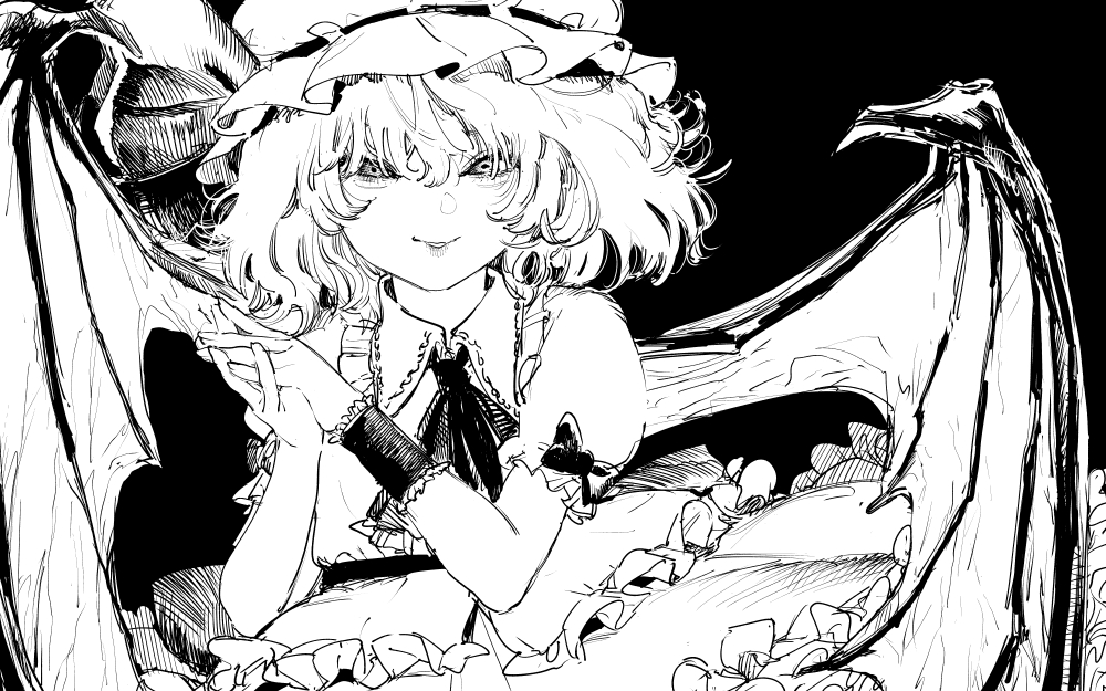 1girl, ascot, bat_wings, bow, closed_mouth, collared_shirt, commentary, engraulis, frilled_shirt_collar, frills, greyscale, hair_between_eyes, hands_up, hat, hat_ribbon, looking_at_viewer, medium_hair, mob_cap, monochrome, own_hands_together, puffy_short_sleeves, puffy_sleeves, remilia_scarlet, ribbon, shirt, short_sleeves, skirt, smile, solo, touhou, upper_body, wings, wrist_cuffs