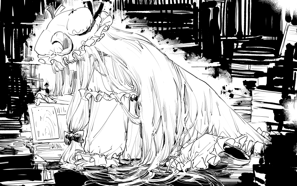 1girl, blunt_bangs, book, book_stack, bookshelf, bow, crescent, crescent_hat_ornament