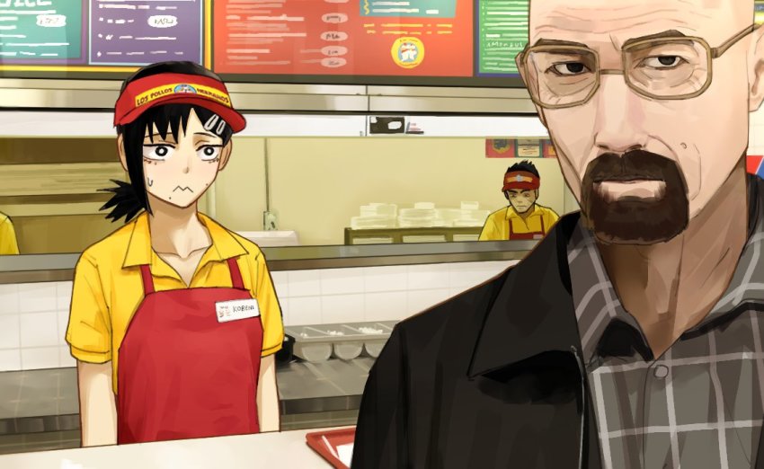 1girl, 2boys, apron, bald, beard, black_eyes, black_hair, breaking_bad, chainsaw_man, collared_shirt, counter, facial_hair, glasses, hair_ornament, hairpin, higashiyama_kobeni, jacket, looking_at_another, looking_at_viewer, mole, mole_on_cheek, multiple_boys, name_tag, nervous, old, old_man, red_apron, restaurant, sealc4nfly, shirt, walter_white, wrinkled_skin