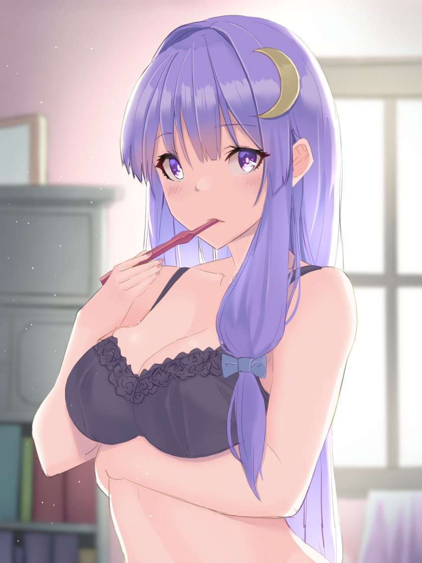 1girl, arm_under_breasts, black_bra, blue_ribbon, blunt_bangs, blush, bra, breasts