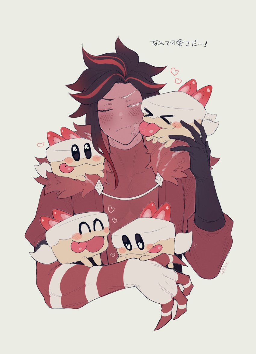 1boy, black_gloves, blush, brown_hair, cake_hound, colored_eyelashes, colored_skin, cookie_run