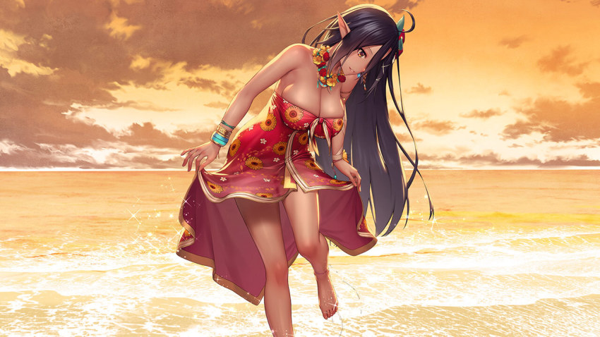 1girl, anklet, artwhirl_mahou_gakuen_no_otome-tachi, bare_legs, barefoot, beach, black_hair, bracelet