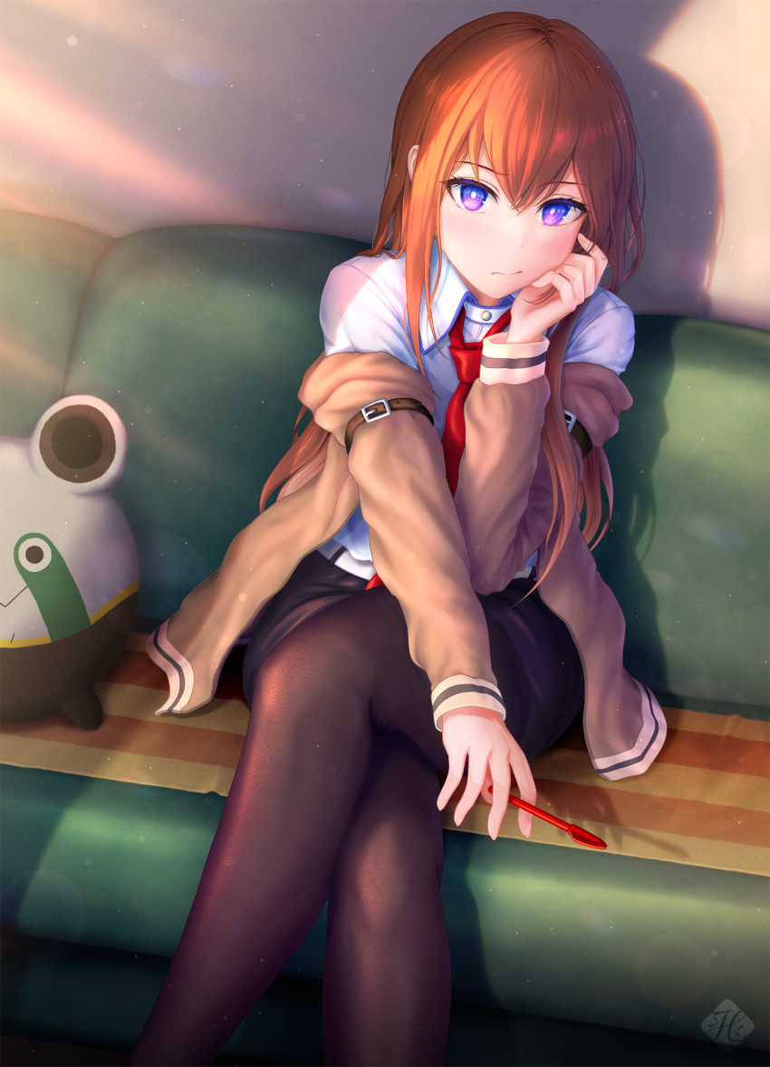 1girl, absurdres, black_pantyhose, black_shorts, blouse, blush, brown_hair, brown_jacket, closed_mouth, clothes_down, collared_shirt, crossed_legs, hair_between_eyes, hanegaito, highres, holding, holding_pencil, jacket, long_hair, makise_kurisu, necktie, pantyhose, pantyhose_under_shorts, pencil, purple_eyes, red_necktie, science_adventure, shirt, short_shorts, shorts, sitting, solo, steins;gate, straight_hair, upa_(steins;gate), white_shirt, wing_collar