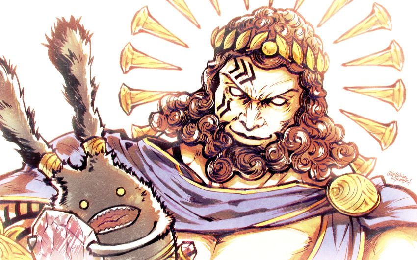 1boy, bare_pectorals, beard, byregot, facial_hair, facial_tattoo, final_fantasy, final_fantasy_xiv, highres, large_pectorals, laurel_crown, leki_ixion, male_focus, muscular, muscular_male, pectorals, smile, solo, spriggan_(final_fantasy), tattoo, upper_body