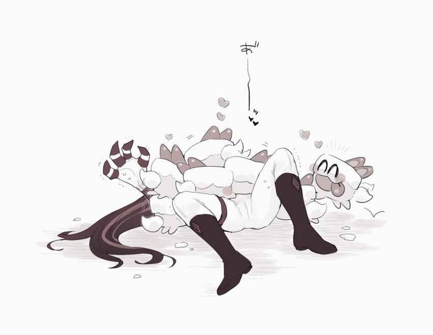 1boy, boots, cake_hound, cookie_run, cookie_run:_kingdom, cream_cake_hound, food-themed_creature, long_hair, male_focus, mochinoki, pants, red_velvet_cookie, thigh_strap, white_pants