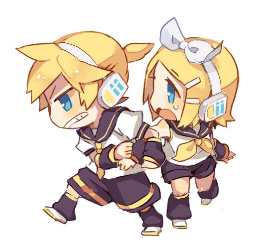 1boy, 1girl, 8'108, angry, aqua_eyes, blonde_hair, brother_and_sister, chibi, hair_ornament, hair_ribbon, hairclip, headphones, kagamine_len, kagamine_rin, ribbon, short_hair, siblings, simple_background, sweatdrop, twins, vocaloid