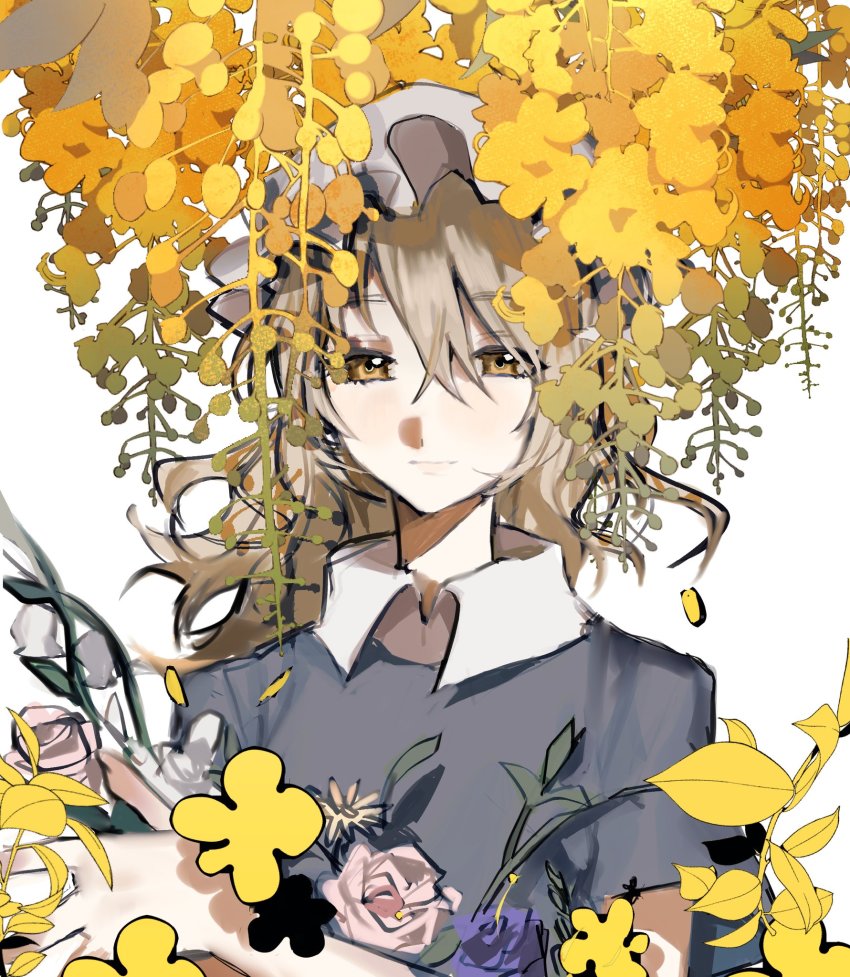 1girl, :|, blonde_hair, blue_shirt, closed_mouth, collared_shirt, commentary, expressionless