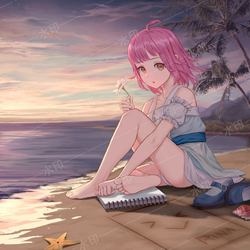 >_<, :>, ahoge, barefoot, beach, blue_dress, blue_shoes, blue_sky, character_name, chestnut_mouth, cloud, collarbone, commentary_request, daisy_(flower), detached_sleeves, dress, eyebrows, feet, flower, frilled_sleeves, frills, highres, holding, holding_flower, legs, looking_at_viewer, love_live!, love_live!_nijigasaki_high_school_idol_club, ocean, on_floor, palm_tree, panties, pantyshot, pink_hair, pppandy, sand_writing, second-party_source, shoes, short_hair, sidelocks, sitting, sketchbook, sky, snail_shell, solo, starfish, sunset, tennoji_rina, thighs, tree, underwear, unworn_shoes, white_panties, yellow_eyes