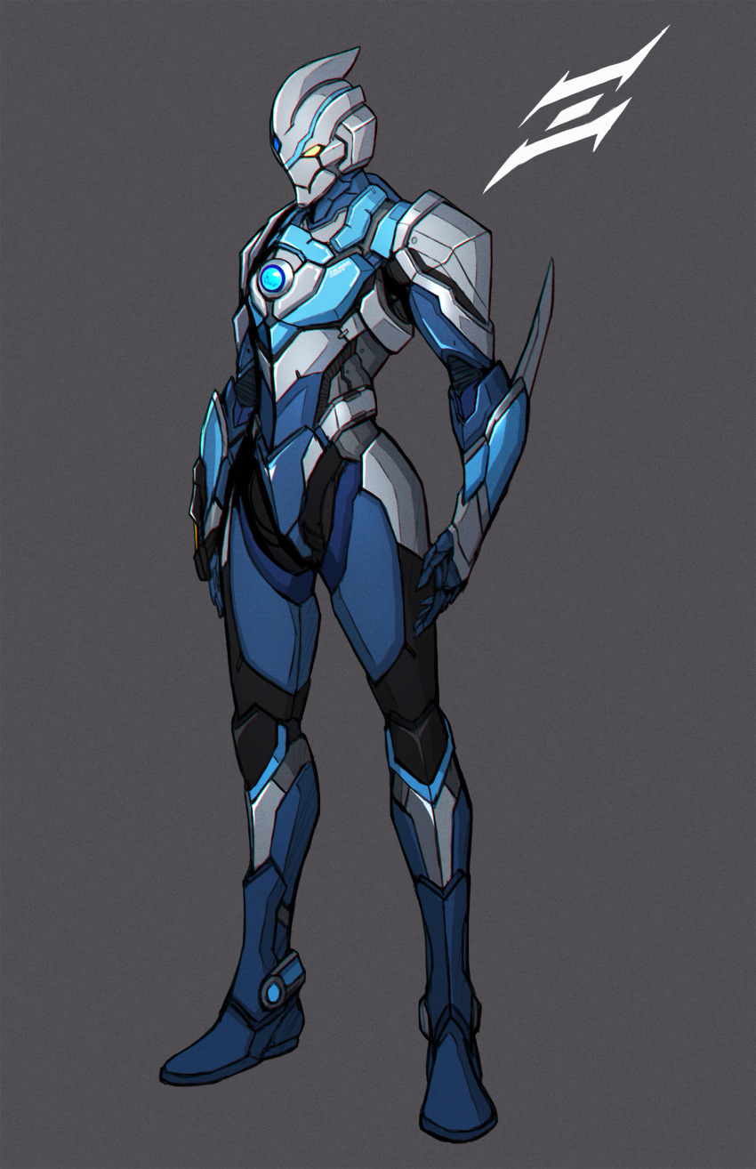 1boy, 3ok, absurdres, alternate_universe, armor, armored_boots, blue_armor, boots, chinese_commentary, dorsal_fin, elbow_spikes, fins, grey_background, highres, ignition_lever, power_armor, shoulder_armor, spikes, tokusatsu, ultra_series, ultraman_(hero's_comics), ultraman_fuma, ultraman_suit_(hero's_comics), ultraman_taiga_(series), yellow_eyes