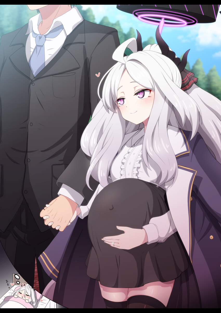 1boy, 1girl, bed, big_belly, black_skirt, black_thighhighs, blanket, blue_archive, blue_sky, blurry, blush, cloud, cloudy_sky, coat, coat_on_shoulders, commentary_request, covered_navel, demon_girl, demon_horns, depth_of_field, dreaming, forehead, formal_clothes, fumutarou, hair_between_eyes, hair_ribbon, halo, heart, height_difference, highres, hina_(blue_archive), holding_hands, horns, loli, long_hair, long_sleeves, looking_at_another, looking_away, lying, necktie, on_back, out_of_frame, parted_bangs, parted_lips, pillow, pregnant, pregnant_loli, purple_eyes, ribbon, sensei_(blue_archive), sidelocks, skirt, sky, sleeping, smile, speech_bubble, suit, thighhighs, thought_bubble, tree, under_covers, walking, white_hair, zettai_ryouiki, zzz