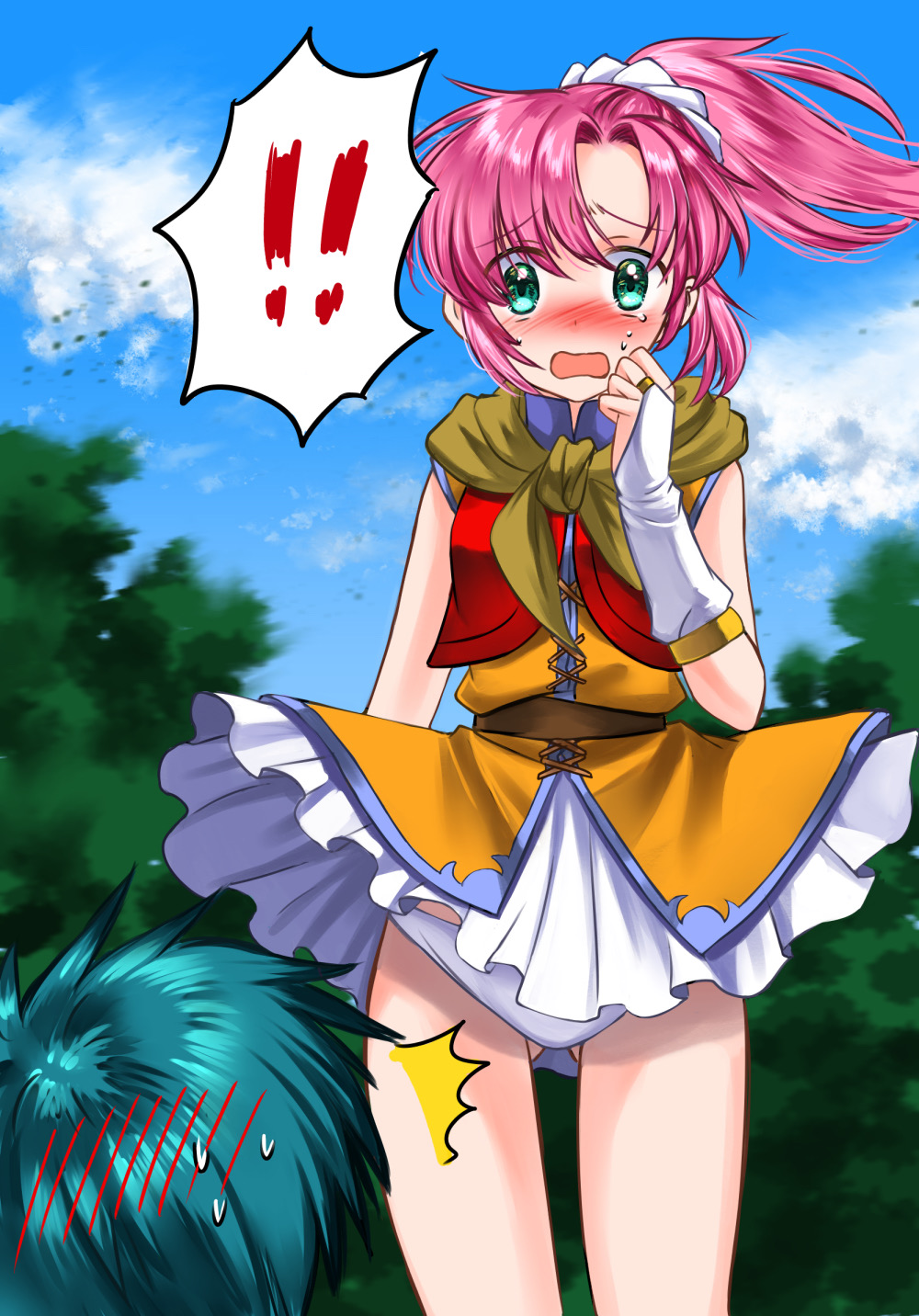 !, !!, 1boy, 1girl, blue_hair, blue_sky, blush, bo_(774berry), bridal_gauntlets, cloud, commission, crying, crying_with_eyes_open, eiyuu_densetsu, falcom, forest, forte_(eiyuu_densetsu), full-face_blush, gloves, gluteal_fold, highres, nature, outdoors, panties, pantyshot, pink_hair, ponytail, skeb_commission, skirt, sky, solo_focus, sweatdrop, tears, tree, umi_no_oriuta, una_(eiyuu_densetsu), underwear, wavy_mouth, white_gloves, white_panties, white_skirt, wind, wind_lift