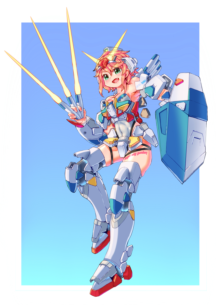 1girl, absurdres, ag_00000, armpits, beginning_gundam, blue_background, boots, border