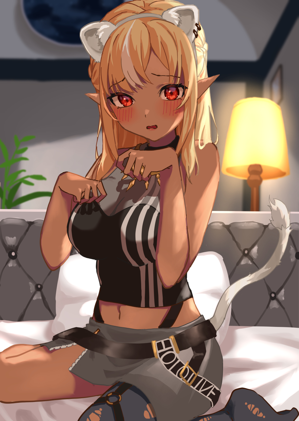 black_pantyhose, black_shirt, blonde_hair, breasts, cleavage, cosplay, crop_top, dark-skinned_female