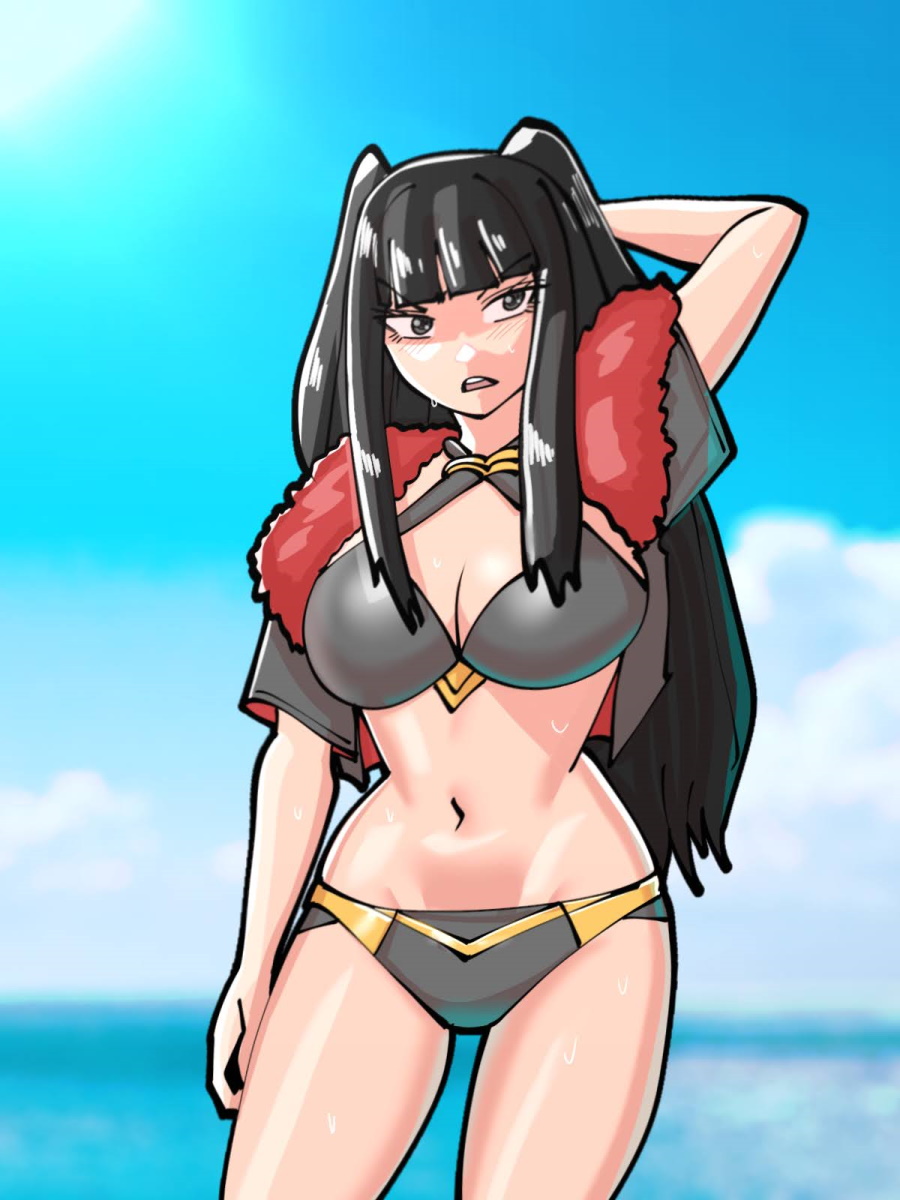 arm_up, bikini, black_bikini, black_hair, blush, breasts, cleavage, cosplay