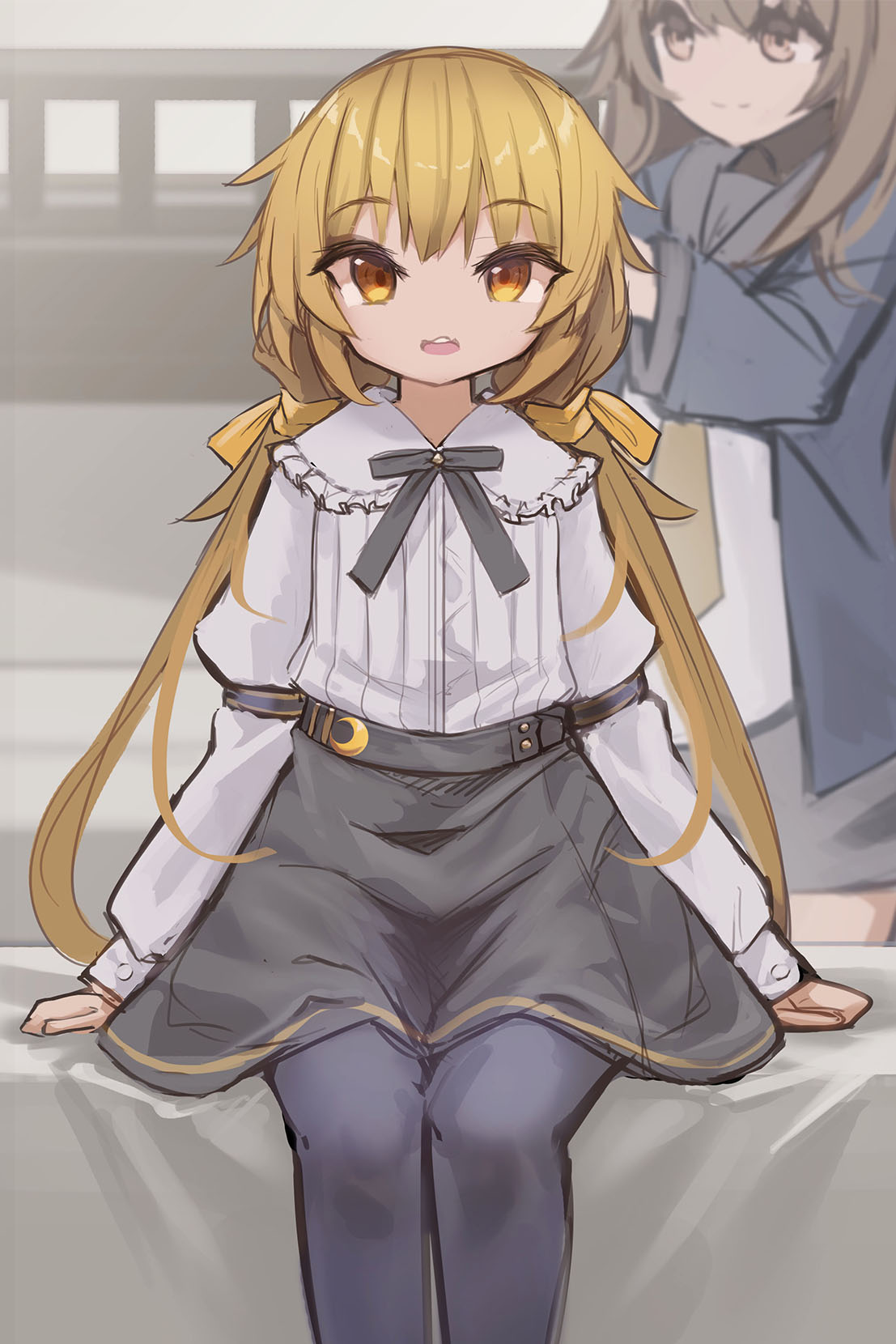 2girls, alternate_costume, black_legwear, black_skirt, blonde_hair, crescent, crescent_pin, dress_shirt