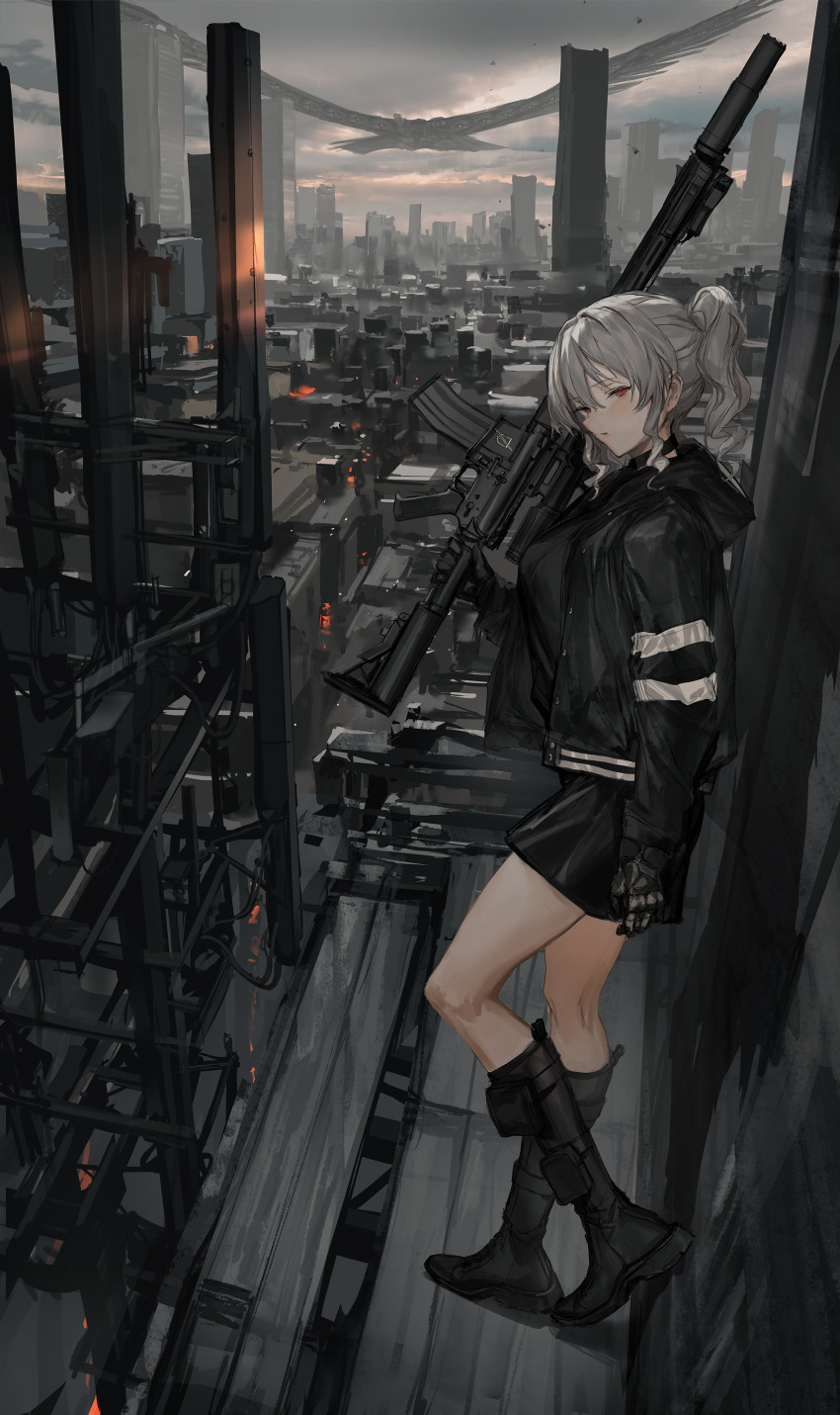 1girl, absurdres, apocalypse, arm_at_side, black_boots, black_gloves, black_hoodie, black_skirt