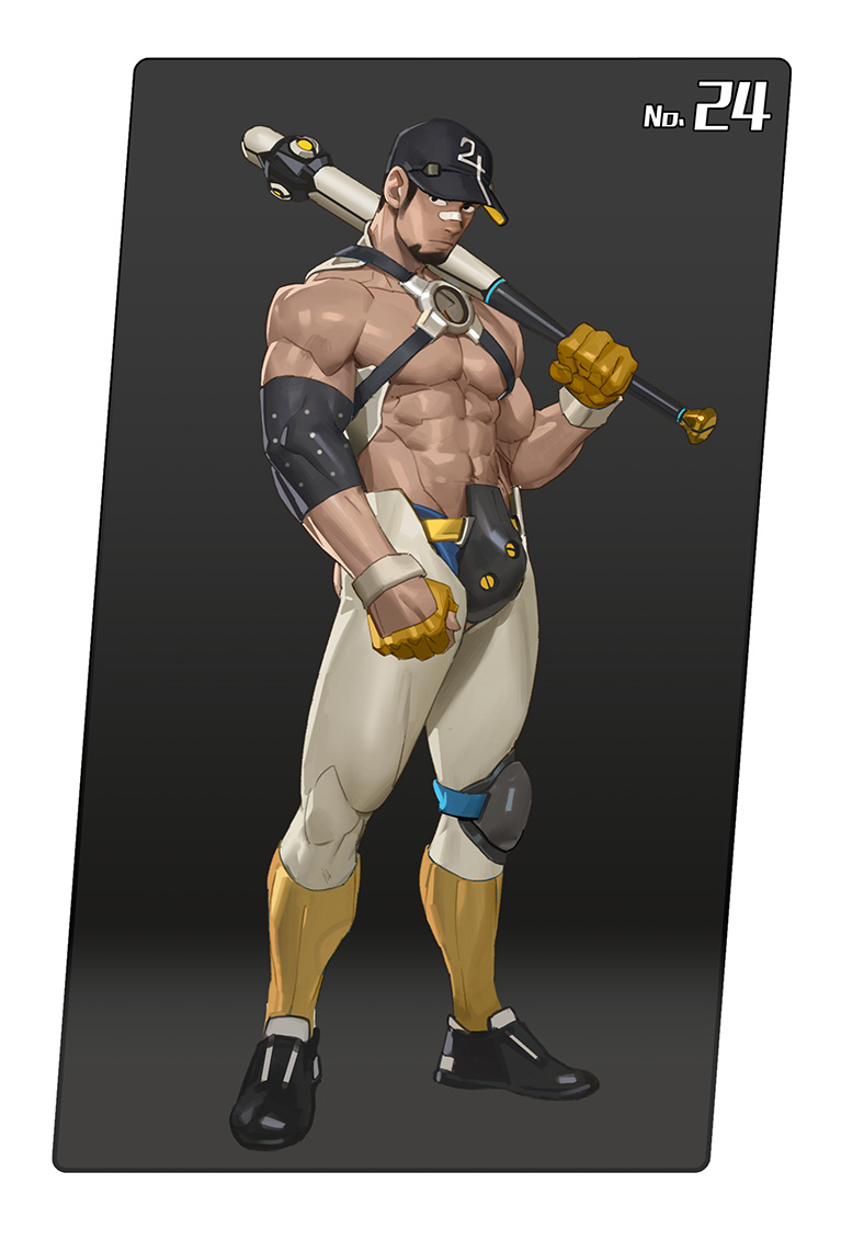 1boy, abs, bandaid, bandaid_on_face, bandaid_on_nose, bara, baseball_bat, baseball_cap