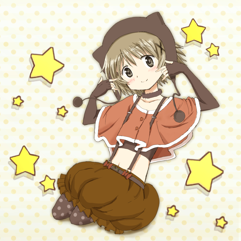 1girl, animal_ears, asumi_kana, beanie, black_gloves, black_legwear, blush, brown_hair