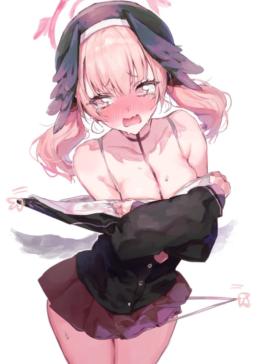 1girl, black_cardigan, blue_archive, blush, breasts, cardigan, cardigan_pull, cleavage, collarbone, cursor, full-face_blush, head_wings, highres, inusaka, koharu_(blue_archive), panties, panty_pull, pink_hair, pleated_skirt, pulling_another's_clothes, simple_background, skirt, solo, tearing_up, tears, twintails, underwear, wavy_mouth, white_background, wings