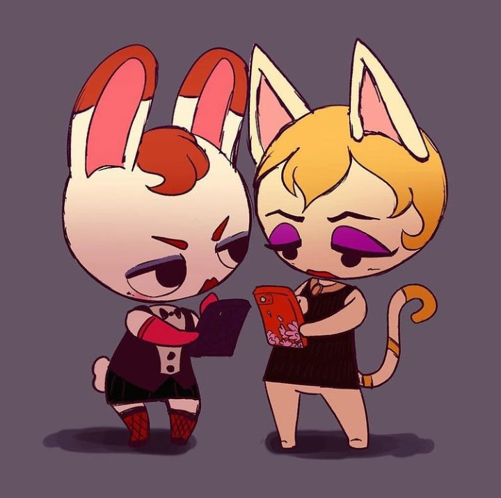 2girls, animal_crossing, animal_ears, bare_shoulders, barefoot, black_bow, black_bowtie, black_dress, black_eyes, black_skirt, black_vest, blonde_hair, blouse, blue_eyeliner, blush, body_fur, bottomless, bow, bowtie, brown_hair, brown_legwear, cat_ears, cat_girl, cat_tail, cellphone, closed_mouth, dress, elbow_gloves, eyeliner, eyeshadow, female_focus, fishnet_legwear, fishnets, flat_chest, floral_print, full_body, furry, furry_female, gloves, grey_background, half-closed_eyes, holding, holding_phone, jpeg_artifacts, light_blush, lipstick, looking_at_another, looking_at_phone, makeup, miniskirt, mole, mole_under_eye, monique_(animal_crossing), multiple_girls, nintendo, phone, pleated_skirt, purple_eyeshadow, rabbit_ears, rabbit_girl, rabbit_tail, red_gloves, red_lips, shirt, short_hair, simple_background, sketch, skirt, sleeveless, sleeveless_dress, sleeveless_shirt, smartphone, standing, stellarspin, tail, thighhighs, tiffany_(animal_crossing), traditional_bowtie, v-shaped_eyebrows, vest, white_fur, white_shirt, zettai_ryouiki