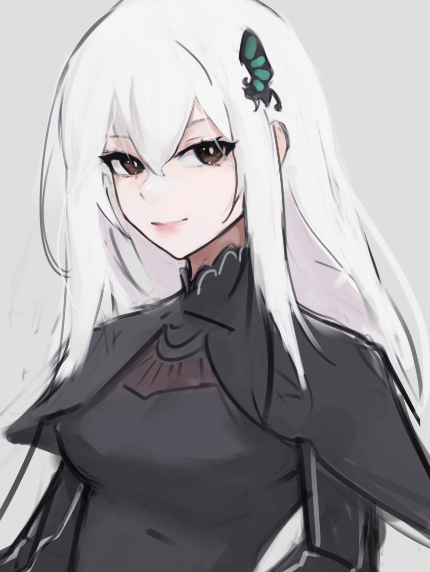 1girl, black_capelet, black_dress, bright_pupils, brown_eyes, butterfly_hair_ornament, capelet, closed_mouth