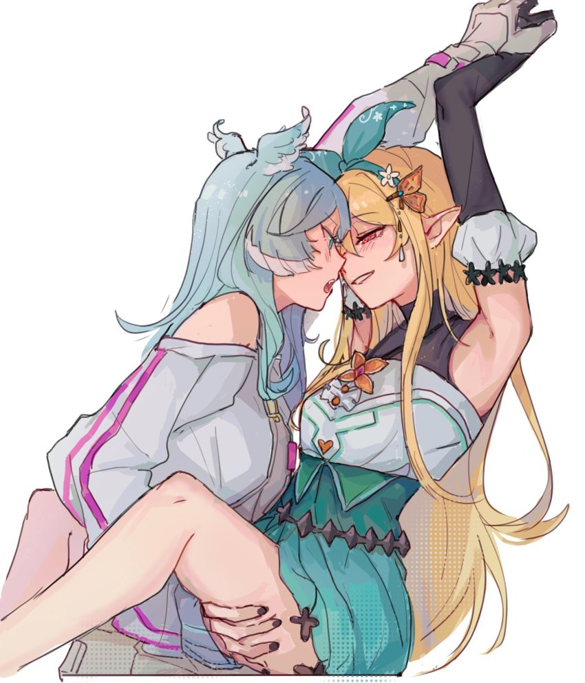 2girls, black_gloves, blonde_hair, blue_eyes, blue_hair, blush, breasts, brown_eyes