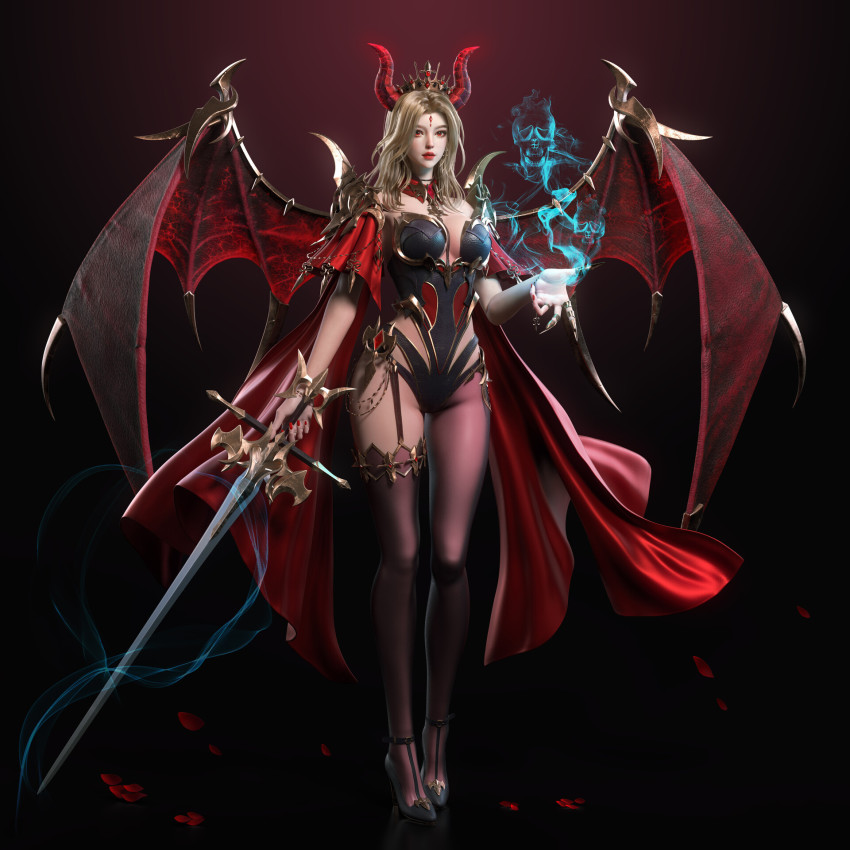 1girl, black_pantyhose, blonde_hair, casting_spell, crown, demon, demon_girl, demon_horns