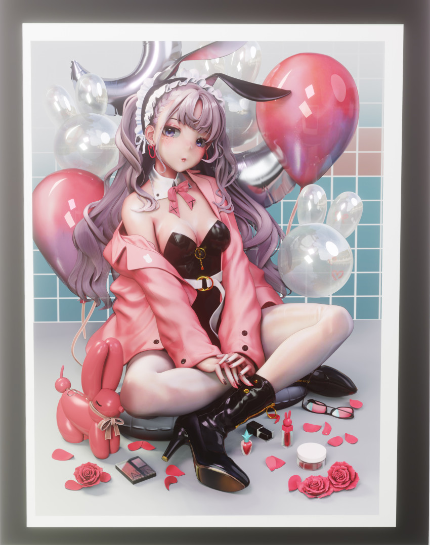 1girl, absurdres, animal_ears, artist_request, balloon, black_boots, boots, bow