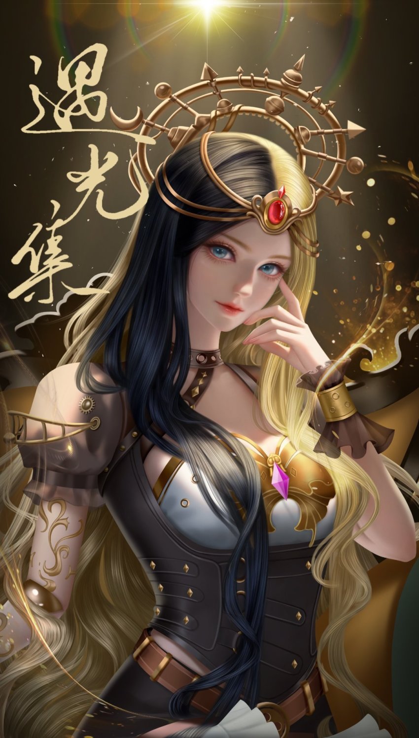 1girl, bai_guangying_(ye_luoli), bai_guangying_chaohuaguang_bo, belt, blue_eyes, choker, dress, hair_ornament, hand_on_own_face, highres, jewelry, light, long_hair, looking_at_viewer, multicolored_hair, solo, two-tone_hair, upper_body, ye_luoli