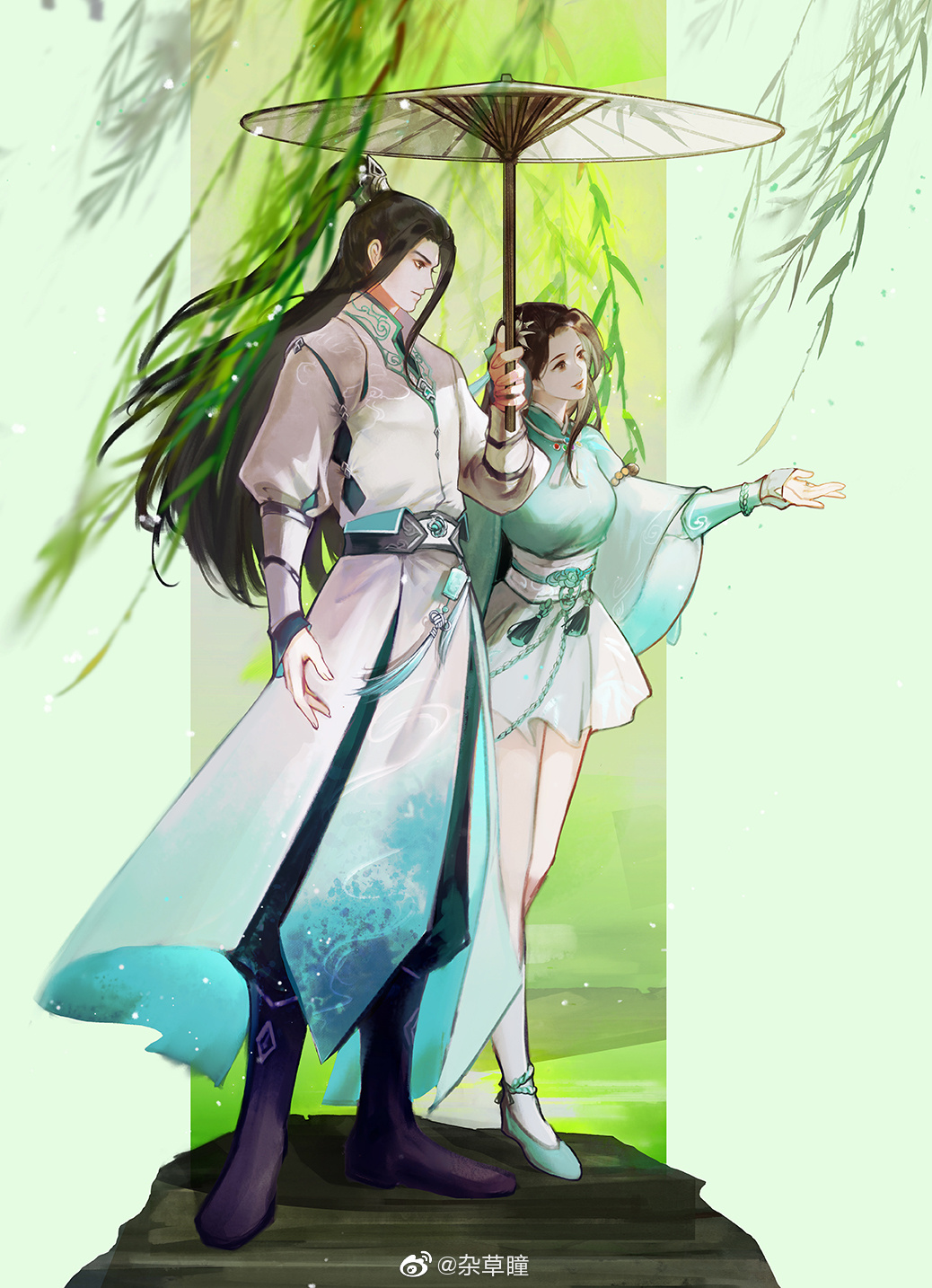 1boy, 1girl, bare_legs, boots, dress, from_side, full_body, green_background