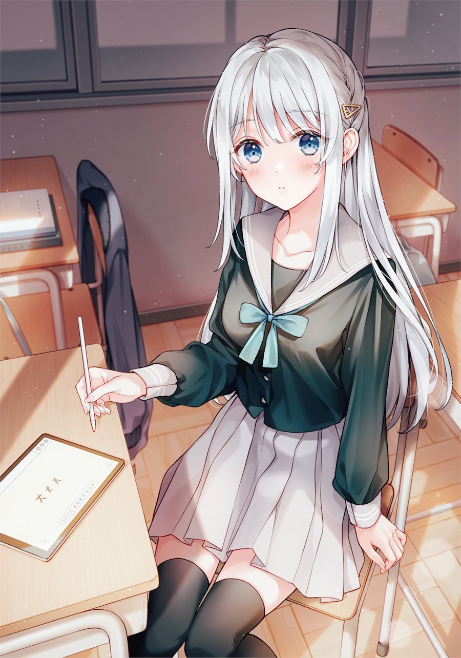 1girl, arm_at_side, black_shirt, black_thighhighs, blue_bow, blue_eyes, blush, book