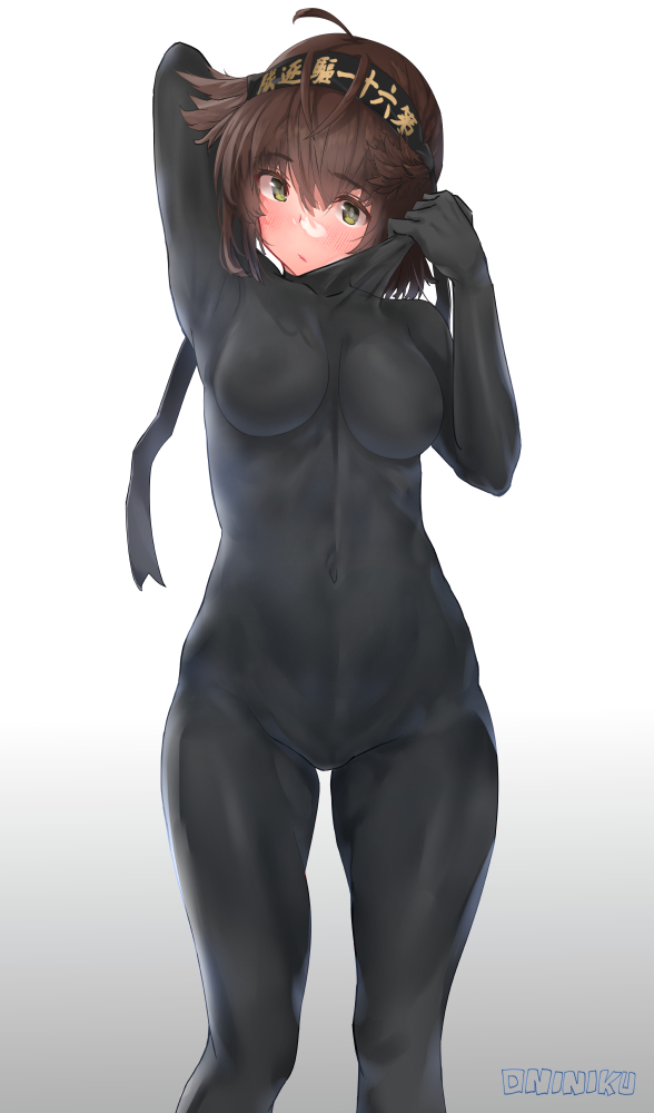 1girl, ahoge, arm_behind_head, black_bodysuit, black_headband, blush, bodysuit, bodysuit_pull