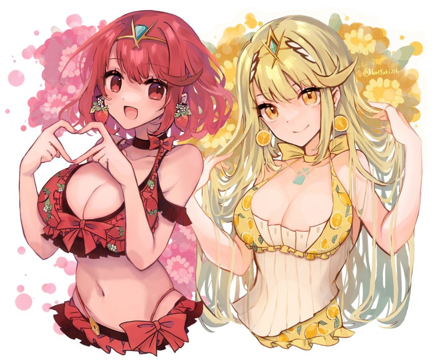 2girls, :d, alternate_costume, bare_shoulders, bikini, black_choker, blonde_hair, blush, bow, breasts, chest_jewel, choker, cleavage, collarbone, cropped_torso, dress, earrings, floral_background, flower, food, food-themed_earrings, food_print, food_themed_earrings, frilled_bikini, frills, fruit, fruit_print, gem, halterneck, haruto_yuki, headpiece, heart, heart_hands, highres, jewelry, large_breasts, lemon_print, long_hair, looking_at_viewer, multiple_girls, mythra_(xenoblade), open_mouth, orange-shaped_earrings, orange_(fruit), orange_print, print_bikini, pyra_(xenoblade), red_bikini, red_bow, red_eyes, red_hair, short_hair, smile, strawberry, strawberry_print, swept_bangs, swimsuit, tiara, very_long_hair, white_background, xenoblade_chronicles_(series), xenoblade_chronicles_2, yellow_dress, yellow_eyes, yellow_flower